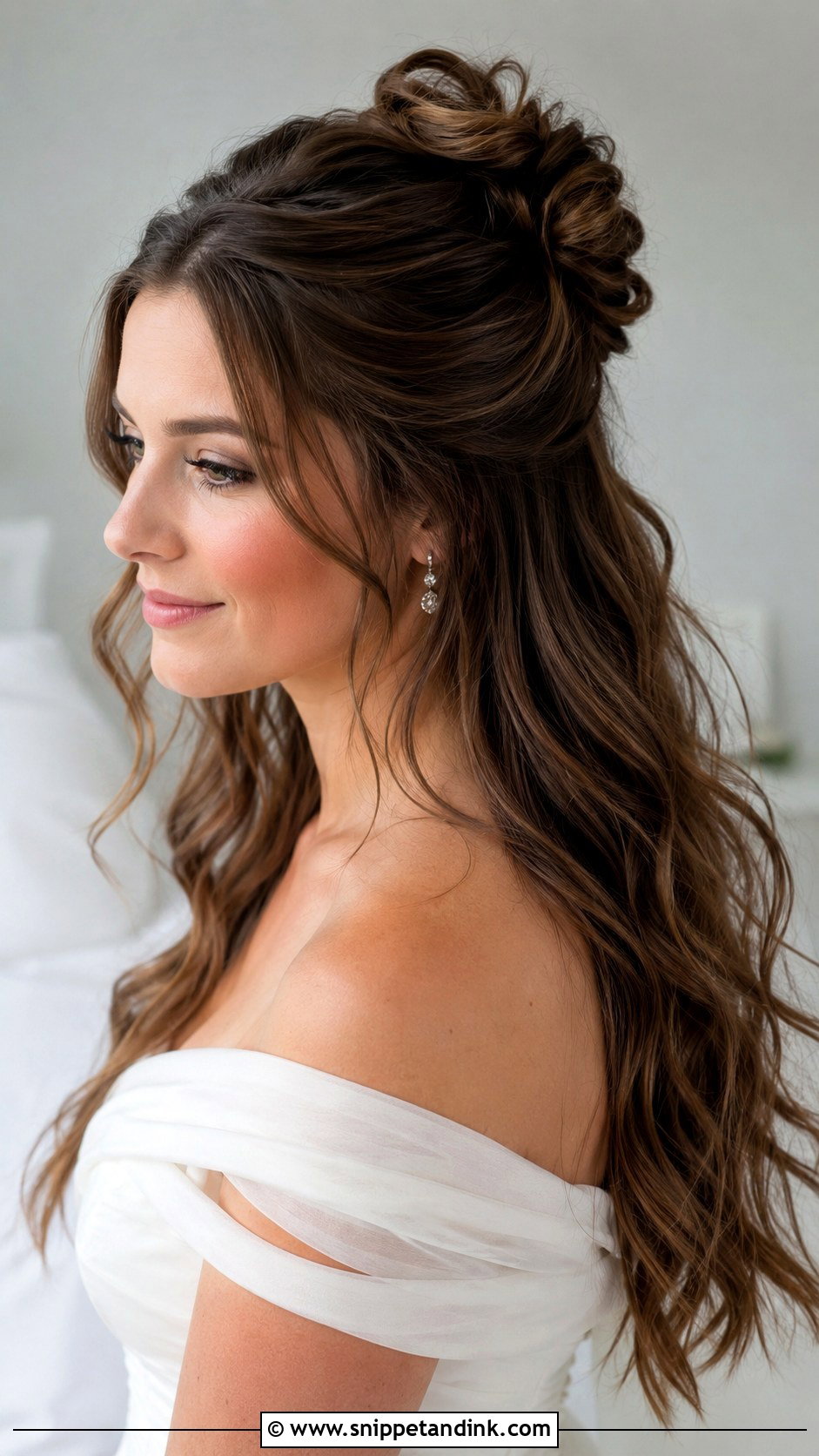 Half Bun Wedding Hair With Loose Waves - Snippet and Ink - 15 Half Bun Wedding Hair Ideas
