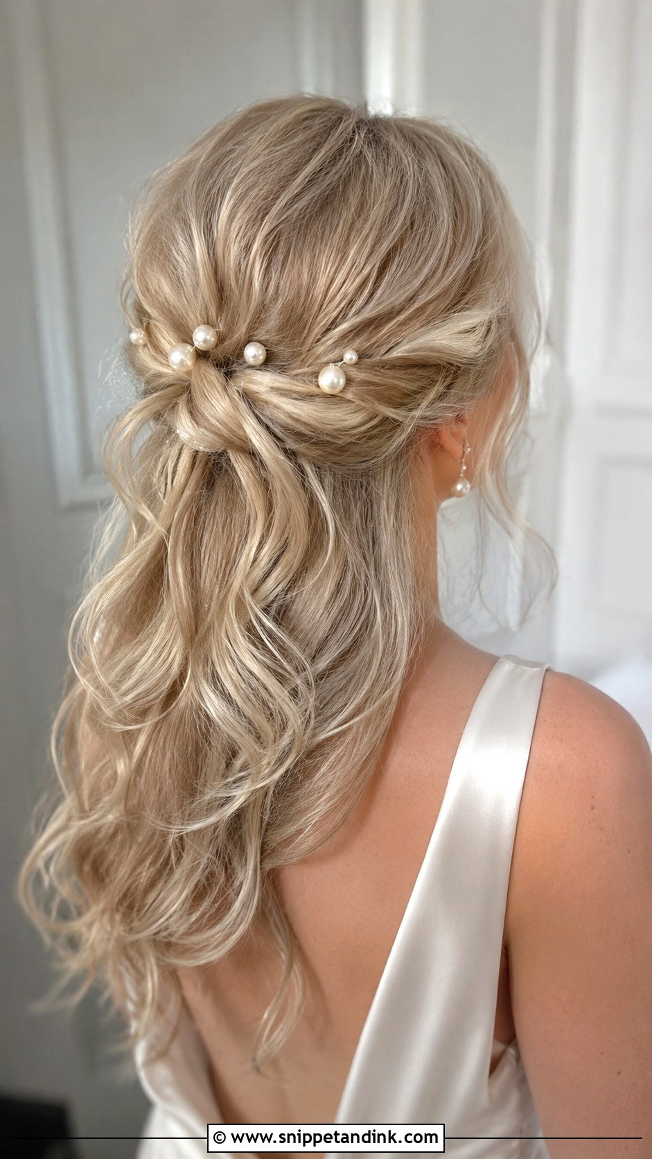 Half Bun Wedding Hair With Pearl Pins - Snippet and Ink - 15 Half Bun Wedding Hair Ideas
