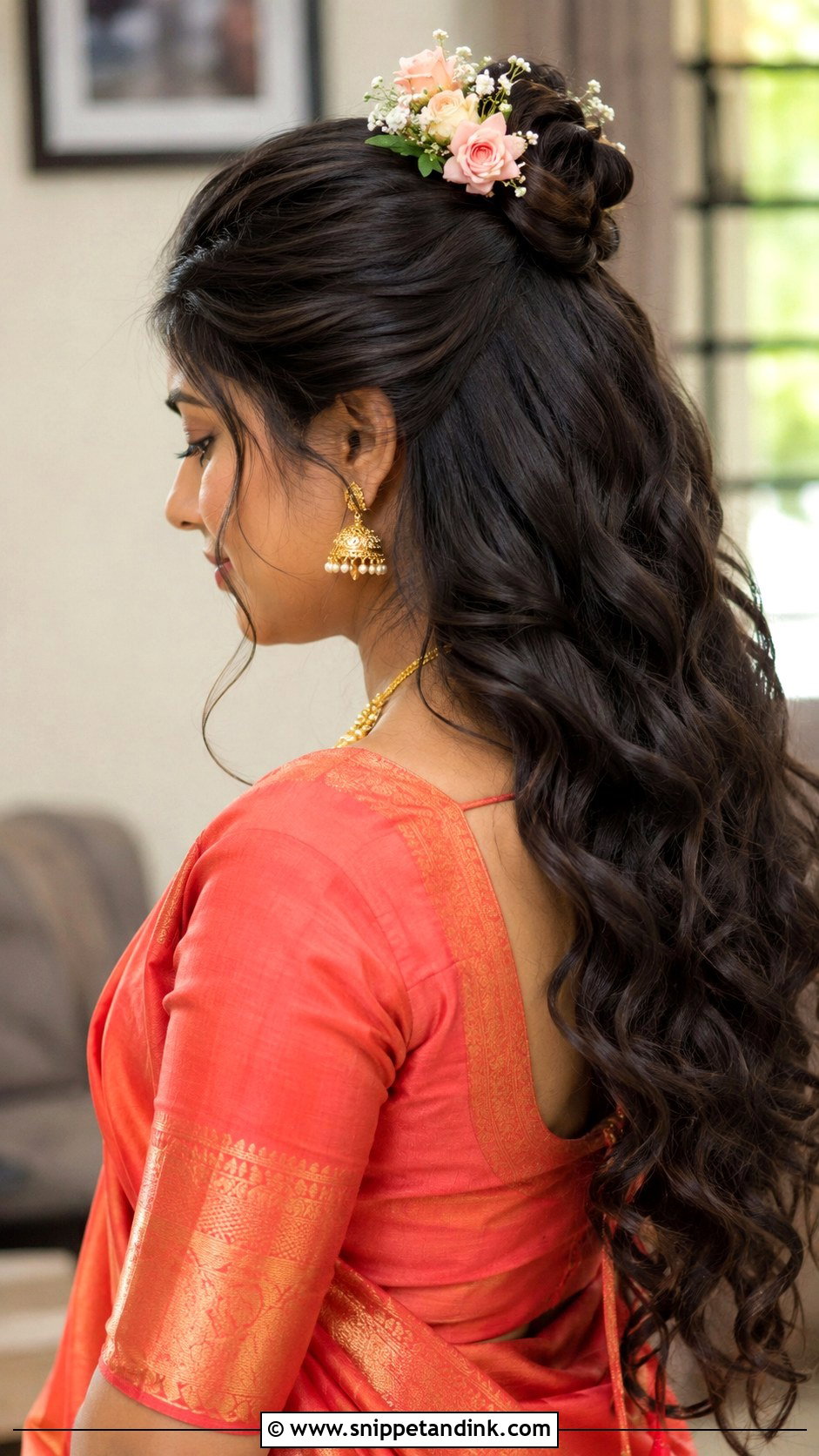 Half Bun With Cascading Curls - Snippet and Ink - 25 South Indian Bride Engagement Hairstyle Ideas
