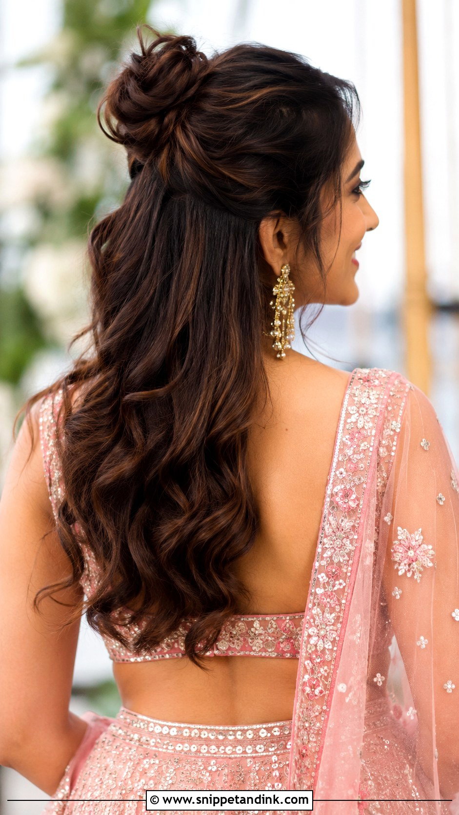 Half Bun With Open Hair - Snippet and Ink - 30 Indian Bridal Bun Hairstyles