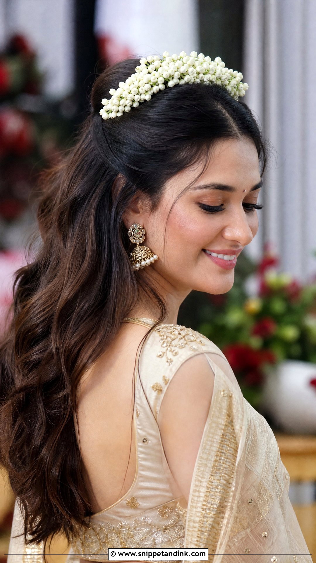 Half Moon Gajra On Open Hair - Snippet and Ink - 20 Hair Gajra Ideas