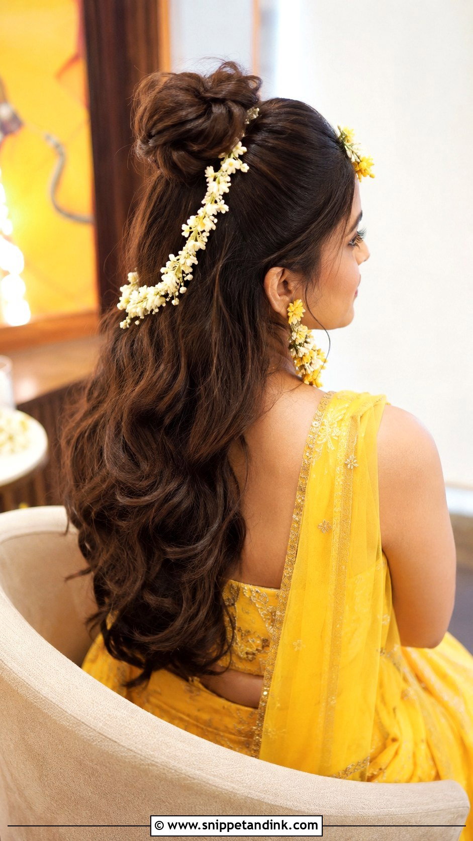 Half Tied Bun With Flower String - Snippet and Ink - 25 Haldi Ceremony Hairstyle for Bride Ideas