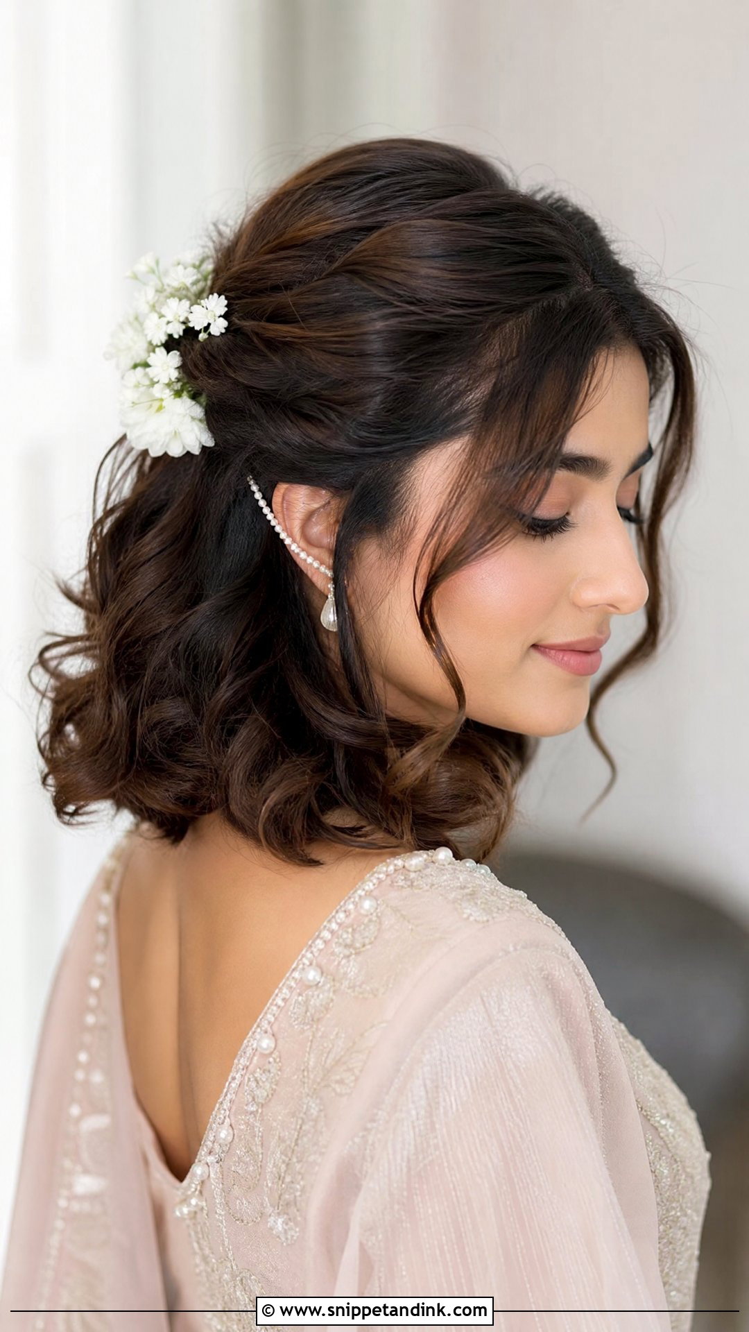 Half Tied Curls For Short Hair - Snippet and Ink - 20 Pakistani Bridal Hairstyles Nikah