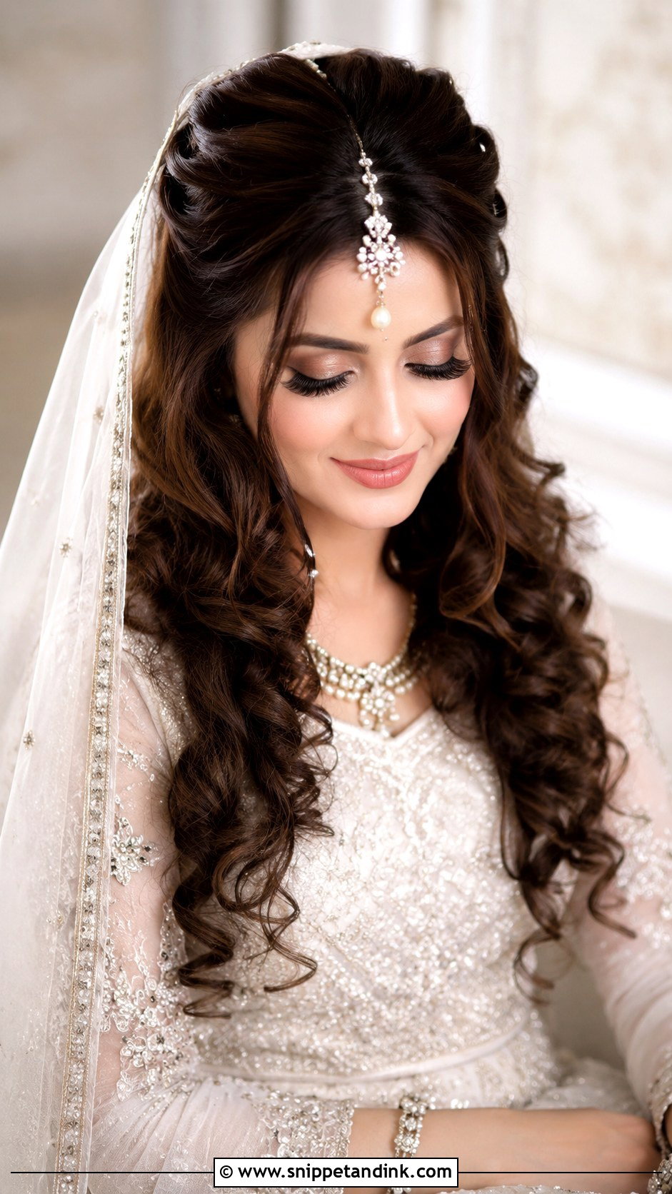 Half Tied Curls With Maang Tikka - Snippet and Ink - 20 Pakistani Bridal Hairstyles with Dupatta