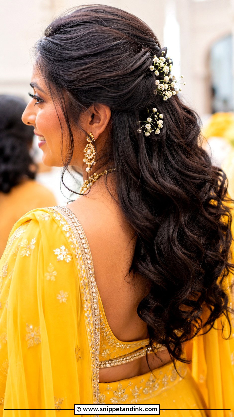 Half Tied Hairdo With Loose Curls - Snippet and Ink - 25 Haldi Bride Hairstyle Ideas