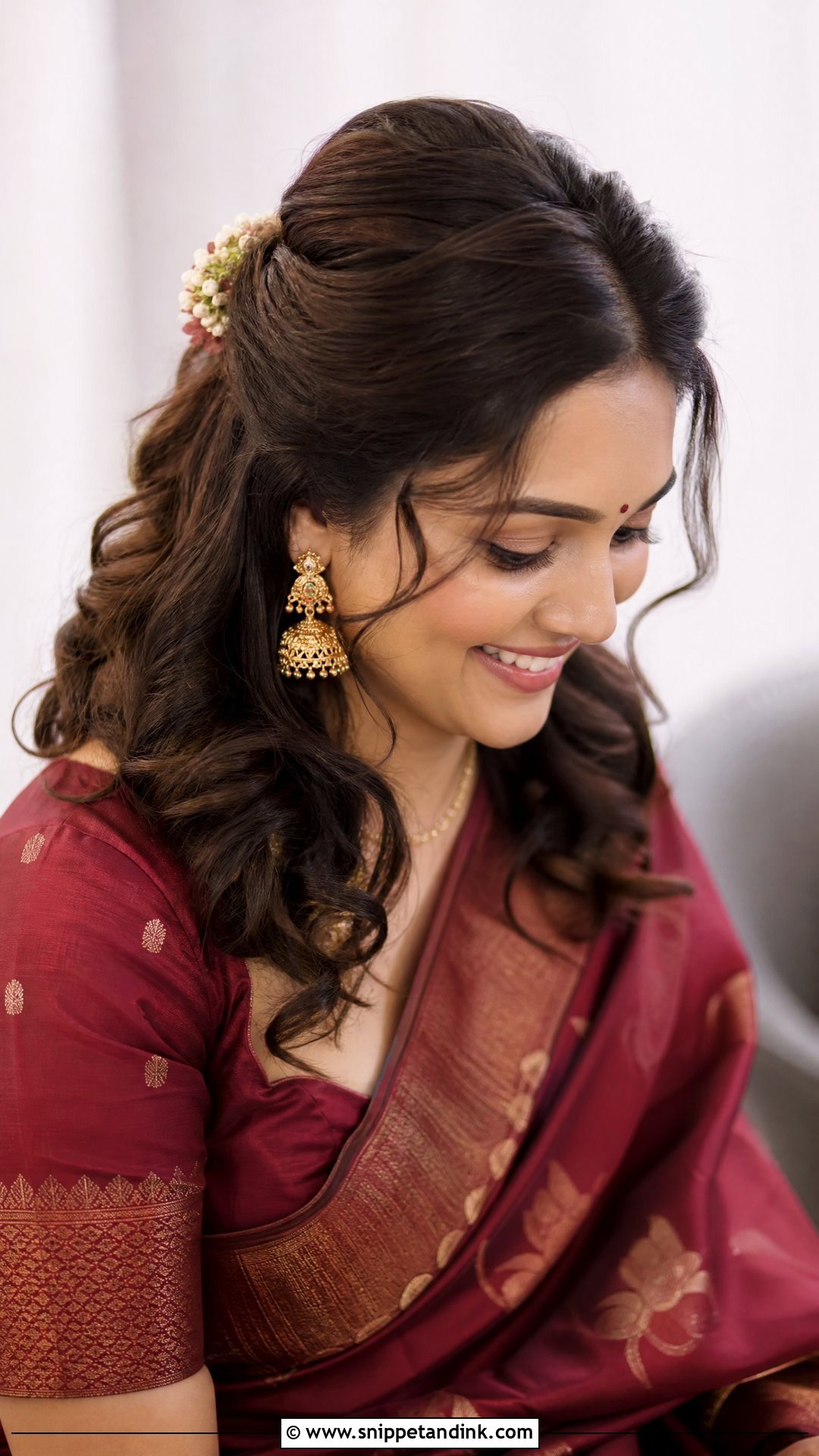 Half Tied Hairstyle With Soft Curls - Snippet and Ink - 20 South Indian Wedding Hairstyles for Short Hair