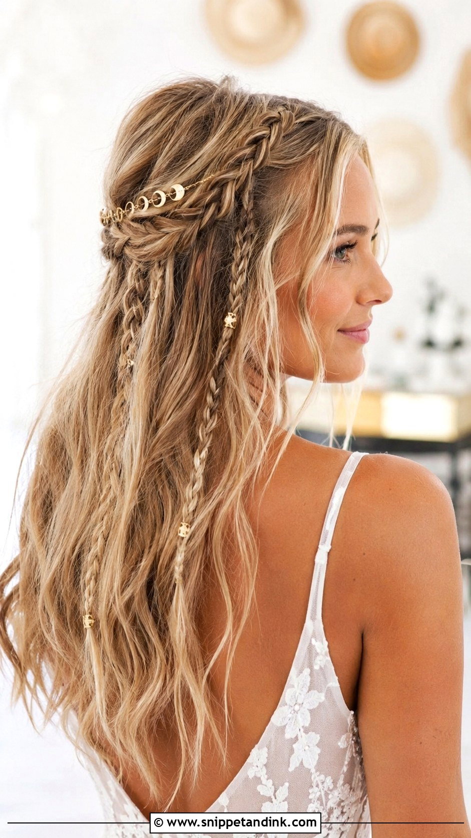 Half Up Accent Braids With Beach Waves - Snippet and Ink - 25 Long Half-Up Half-Down Wedding Hair Ideas