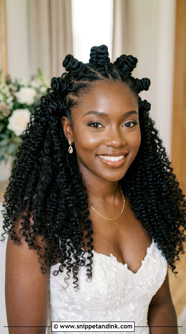 Half Up Bantu Knots With Curls - Snippet and Ink - 20 Black Half-Up Half-Down Wedding Hair Ideas