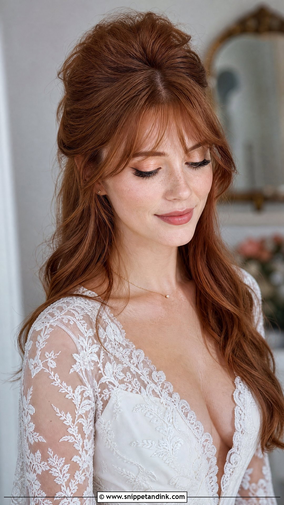 Half Up Beehive with Feathered Bangs - Snippet and Ink - 20 Wedding Hair with Fringe Ideas