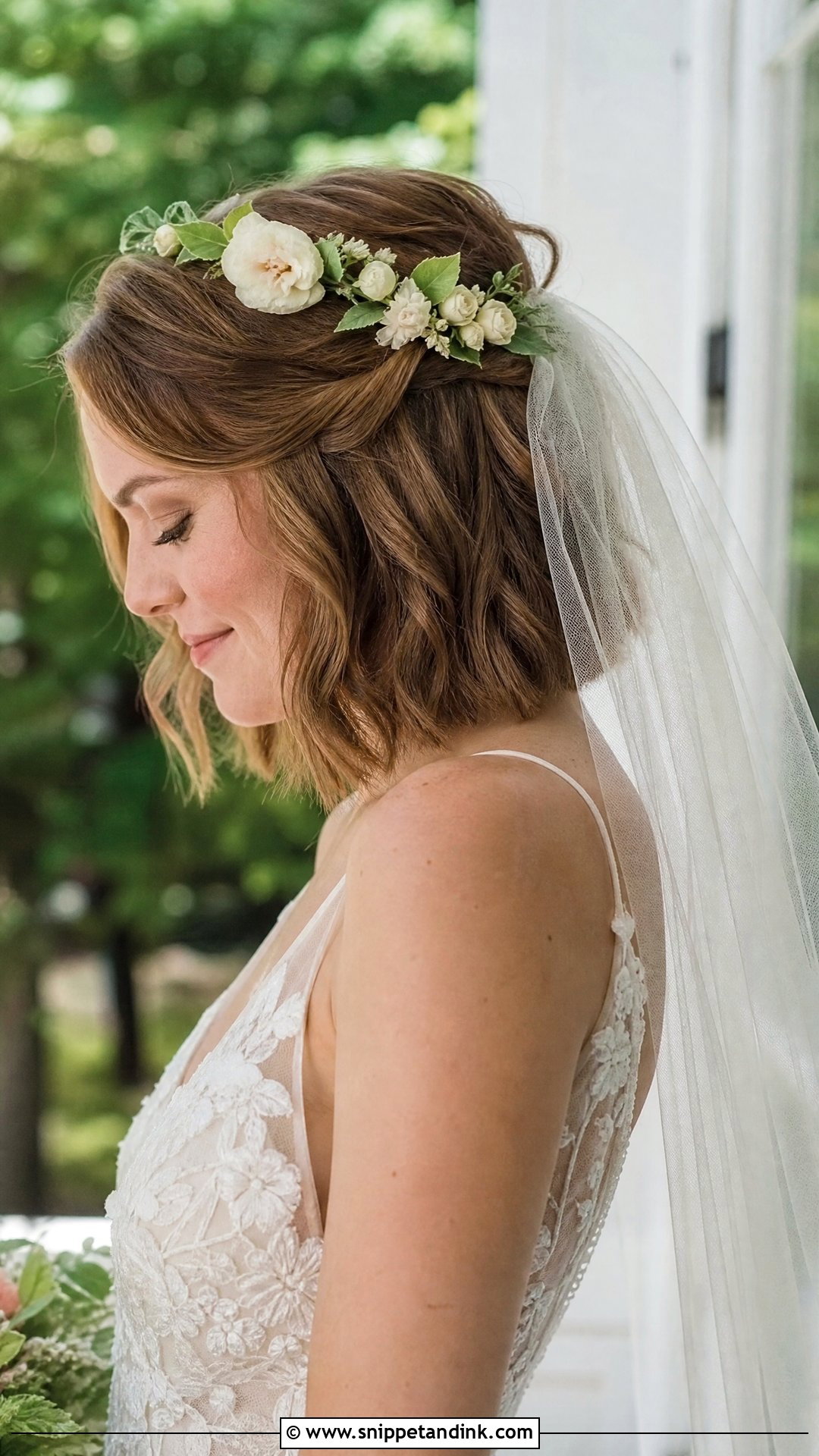 Half Up Bob With Floral Crown Veil - Snippet and Ink - 20 Short Veil Hairstyles