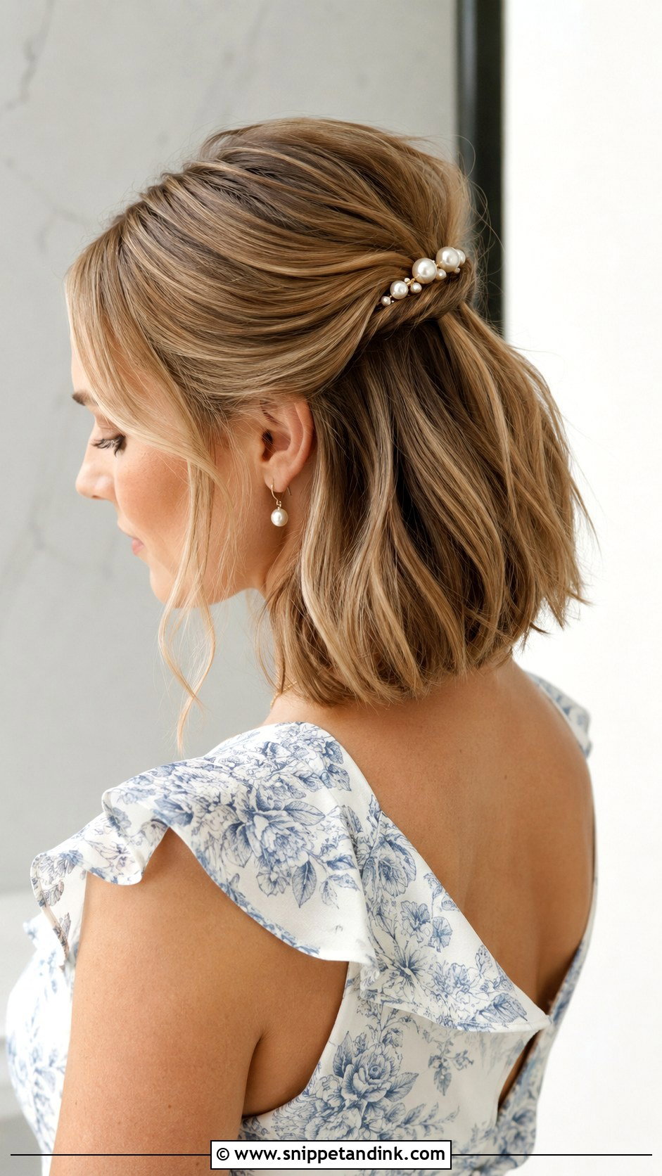 Half Up Bob With Pearl Pins - Snippet and Ink - 25 Wedding Guest Short Hairstyles