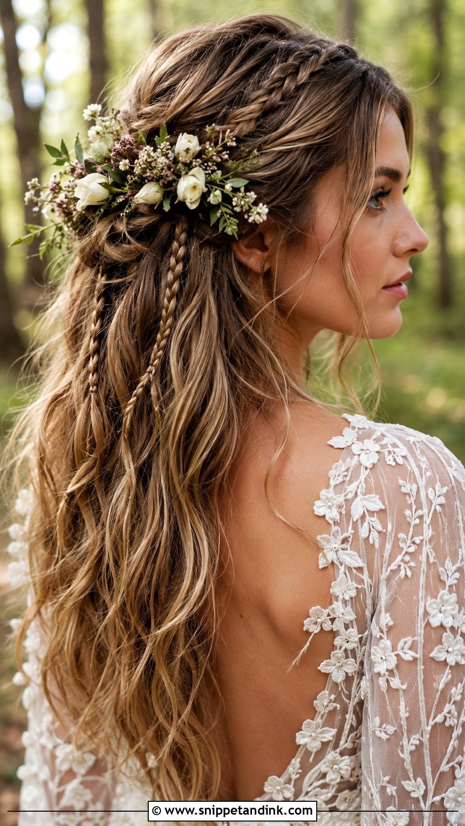 Half Up Bohemian Braids With Flowers - Snippet and Ink - 25 Long Half-Up Half-Down Wedding Hair Ideas