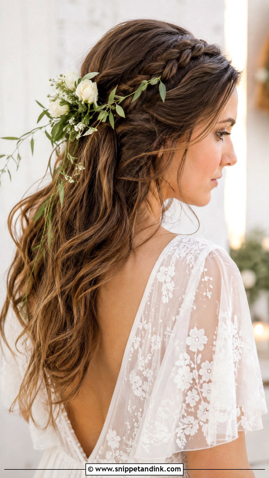 Half Up Boho Braid With Flowers - Snippet and Ink - 20 Medium Length Half-Up Wedding Hair Ideas