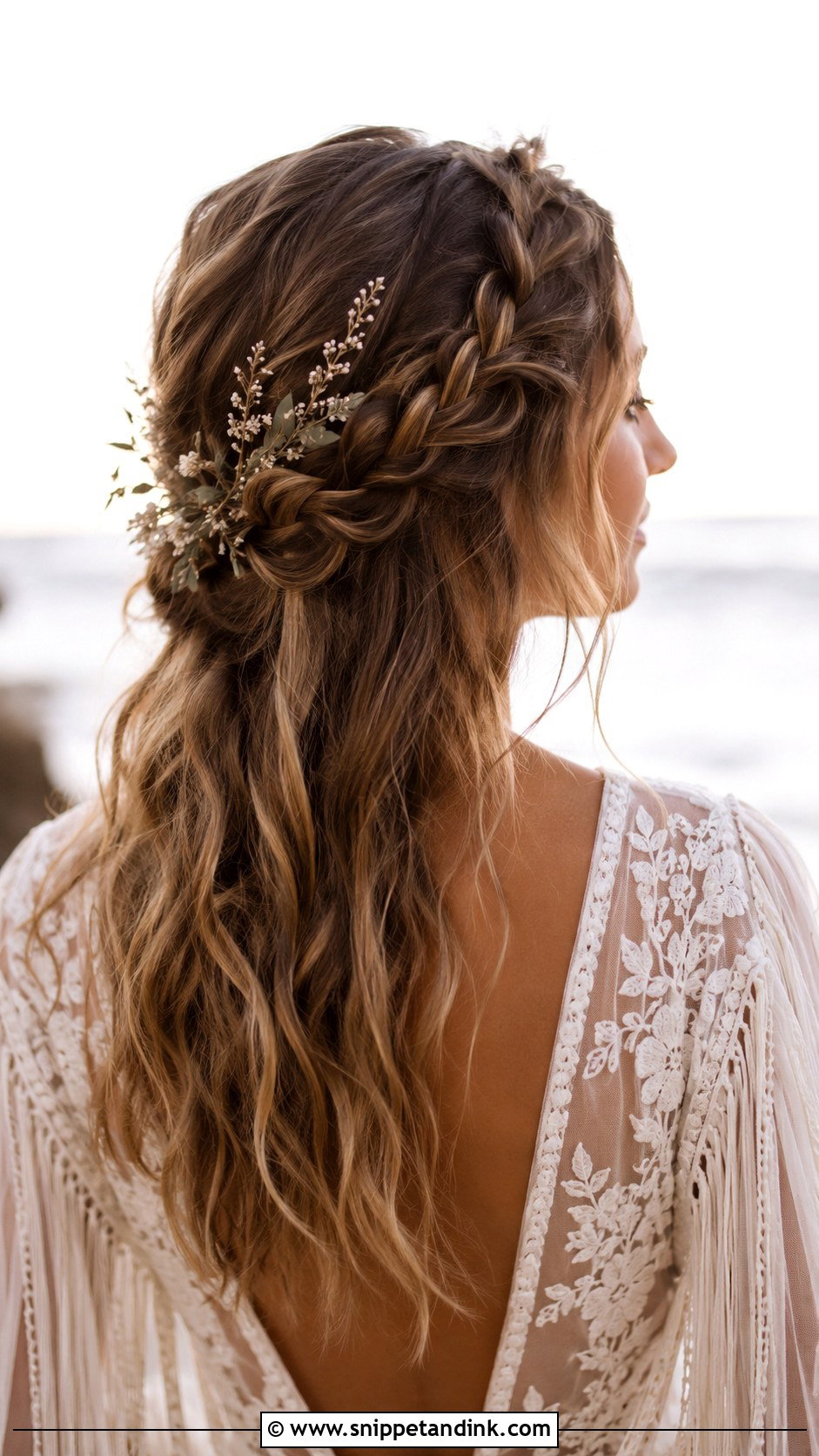 Half Up Boho Braid with Loose Waves - Snippet and Ink - 25 Medium Length Half-Up Bridal Hair Ideas
