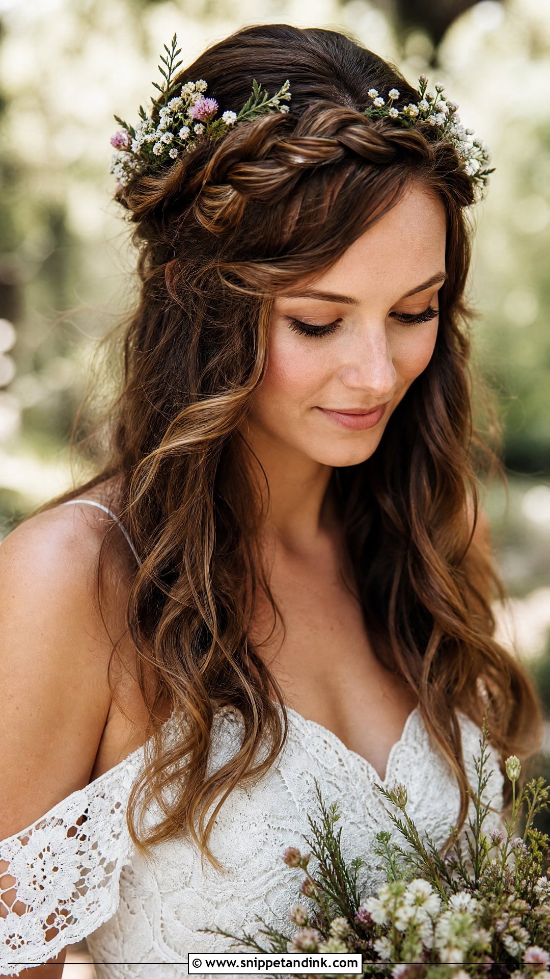 Half Up Boho Braided Crown With Waves - Snippet and Ink - 20 Long Half-Up Half-Down Wedding Hairstyles