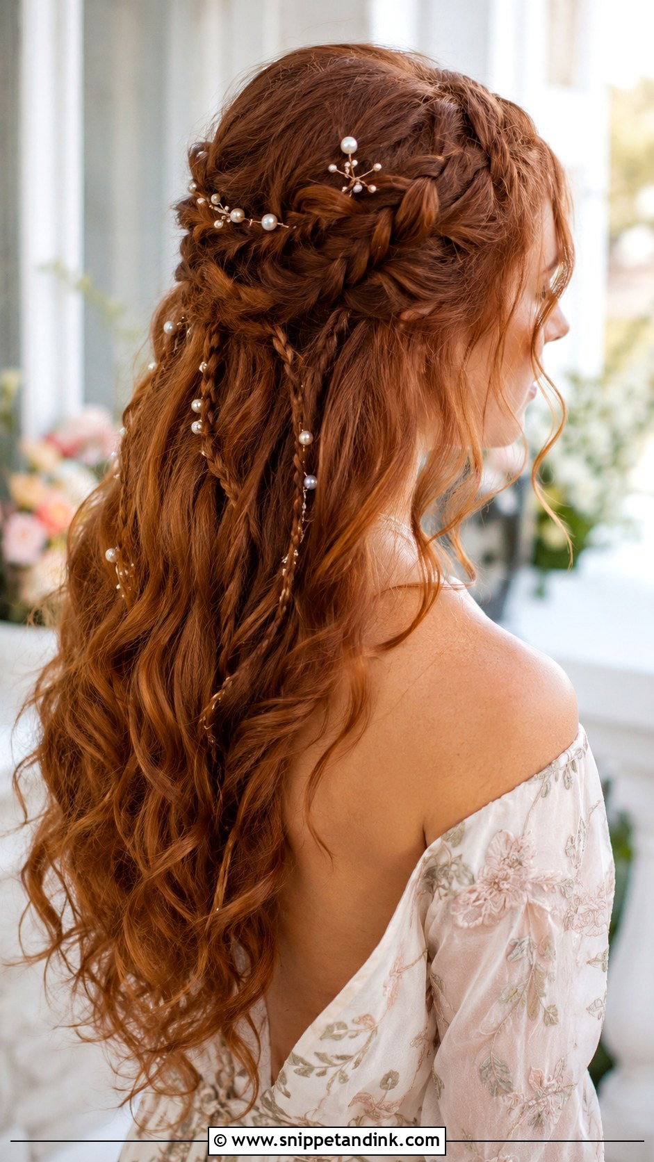 Half Up Boho Braids With Pearls - Snippet and Ink - 20 Bohemian Wedding Hairstyles