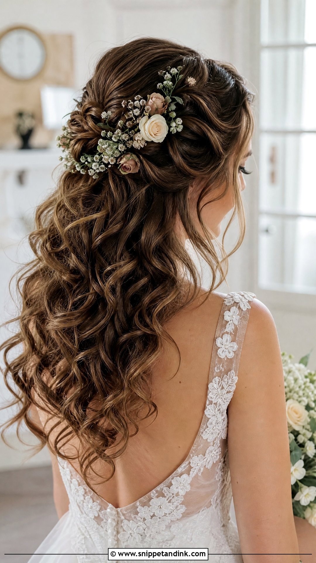 Half Up Boho Curls With Flowers - Snippet and Ink - 20 Half-Up Curly Wedding Hairstyles