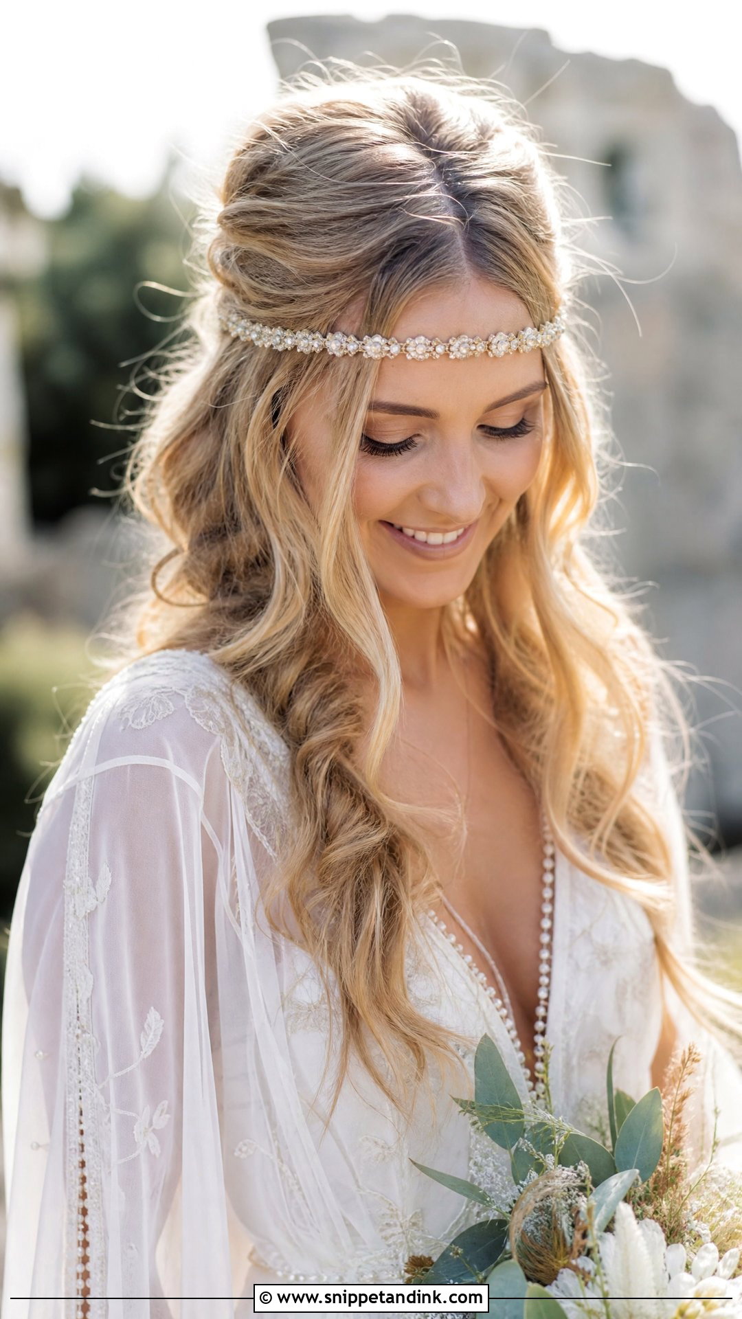 Half Up Boho Style With Boho Headband - Snippet and Ink - 25 Boho Half-Up Bridal Hair Ideas