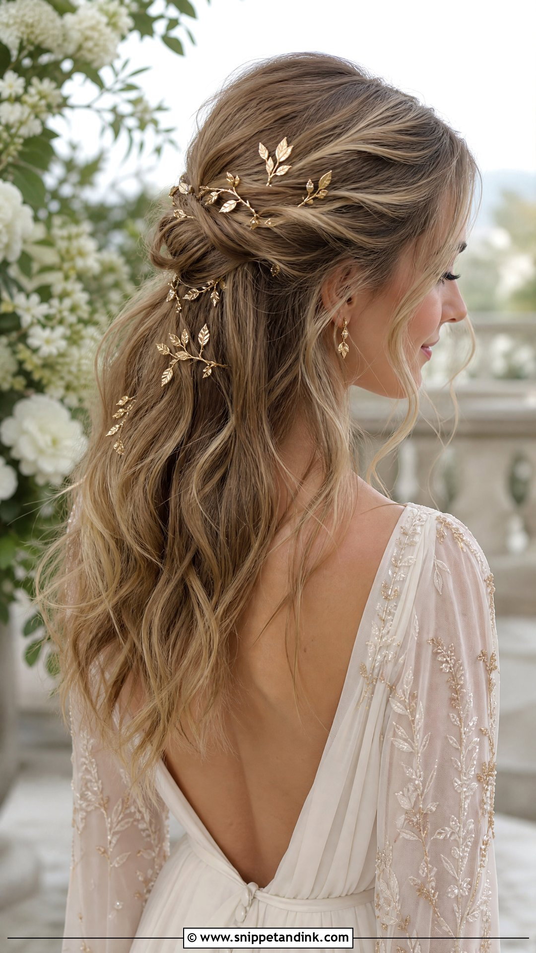Half Up Boho Style With Gold Accessories - Snippet and Ink - 25 Boho Half-Up Bridal Hair Ideas