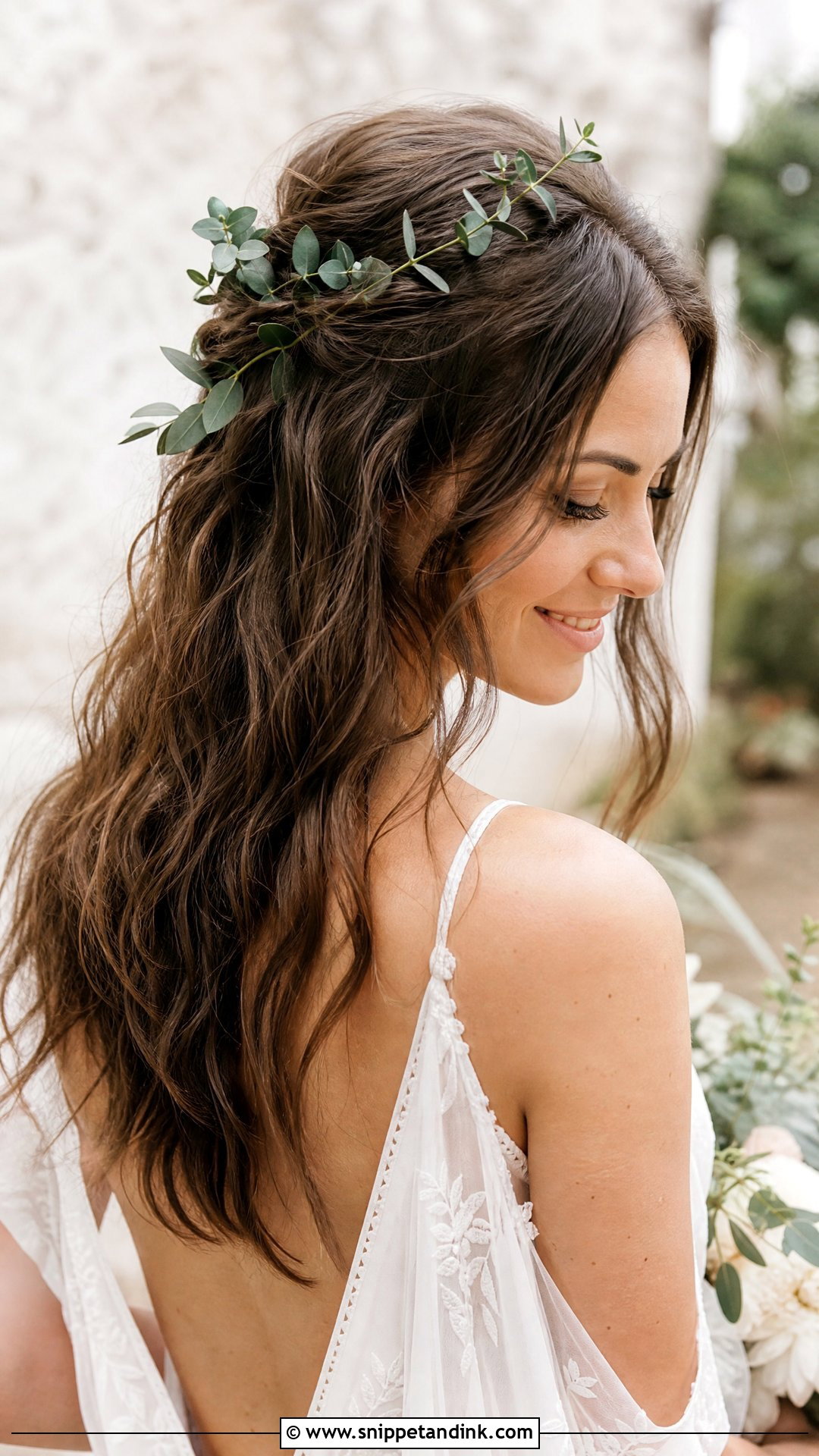 Half Up Boho Style With Greenery - Snippet and Ink - 25 Boho Half-Up Bridal Hair Ideas