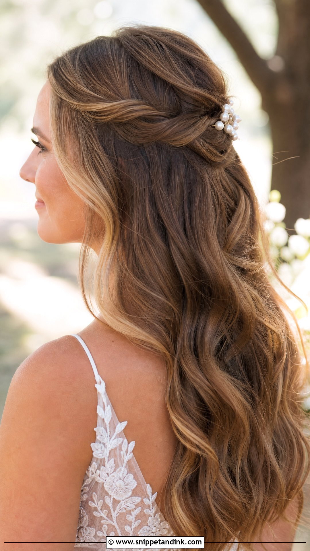 Half Up Boho Style With Waves And Twists - Snippet and Ink - 25 Boho Half-Up Bridal Hair Ideas