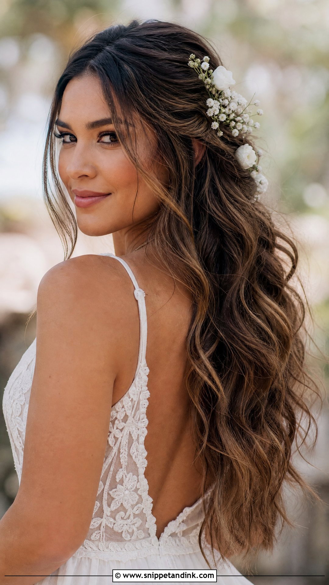 Half Up Boho Waves With Flowers - Snippet and Ink - 20 Clip in Hair Extensions Styles Half-Up Down Wedding Hairstyles