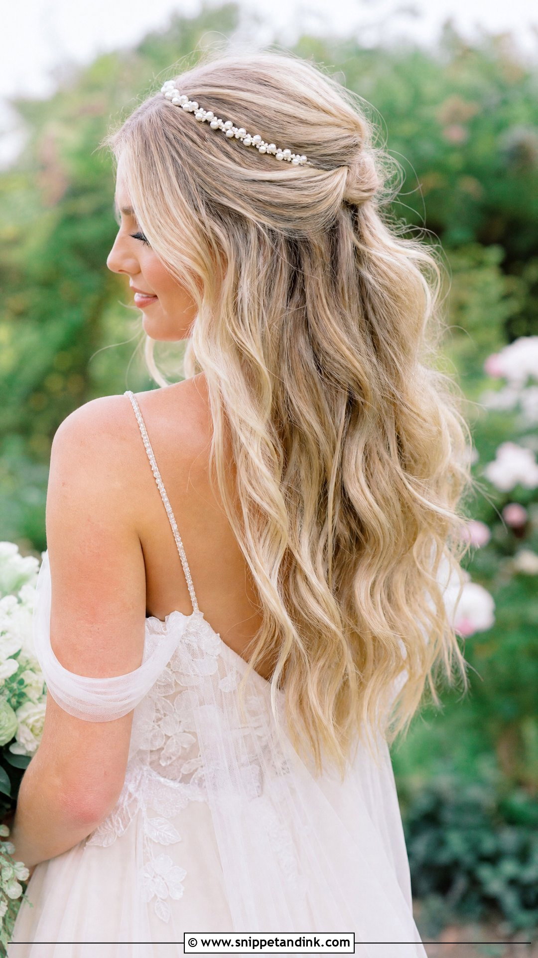 Half Up Boho Waves With Headband Wedding Hairstyle - Snippet and Ink - 20 Half Updo Wedding Ideas