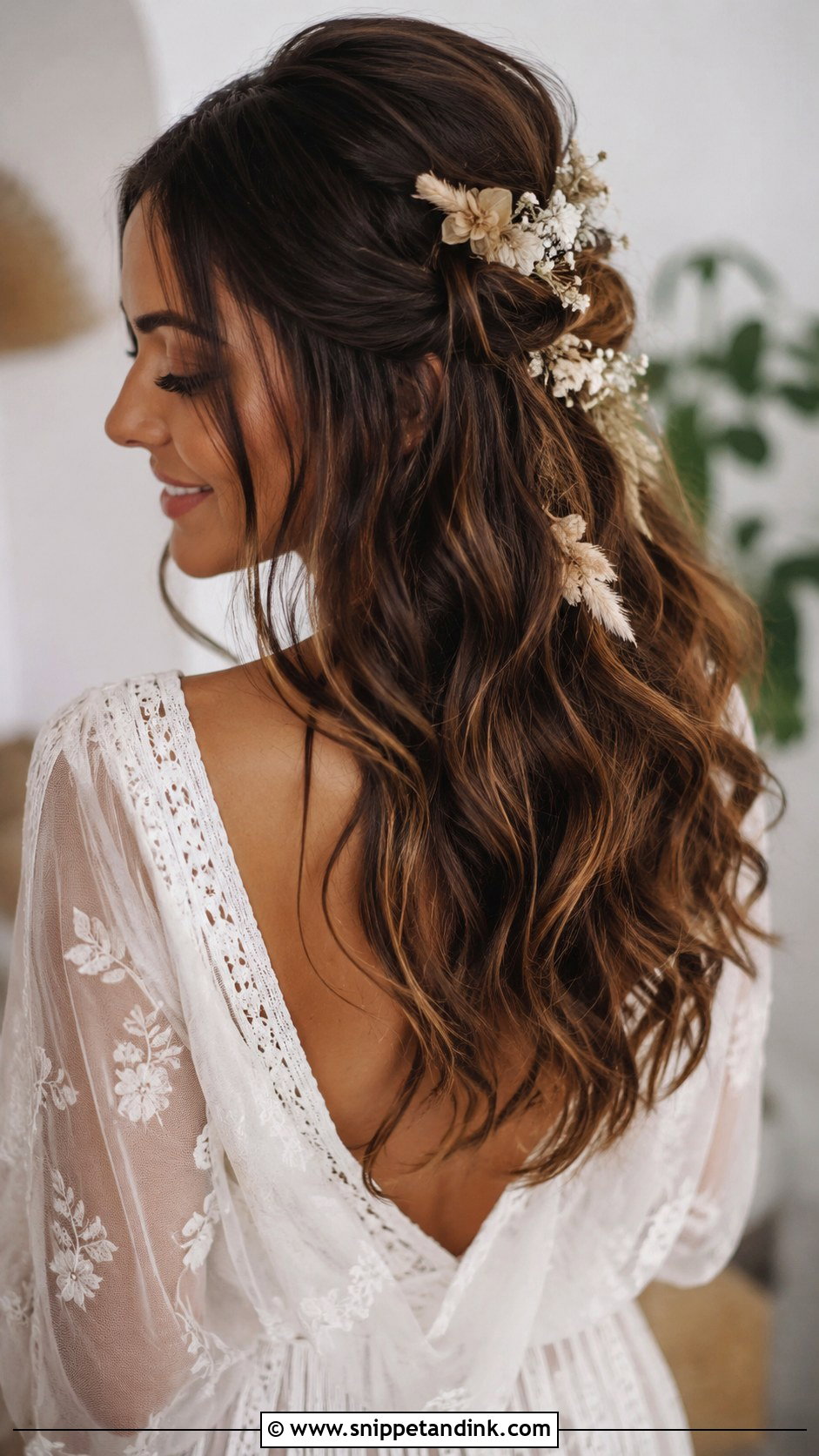 Half Up Boho Waves for Brunette Brides - Snippet and Ink - 20 Brunette Half-Up Bridal Hair Ideas