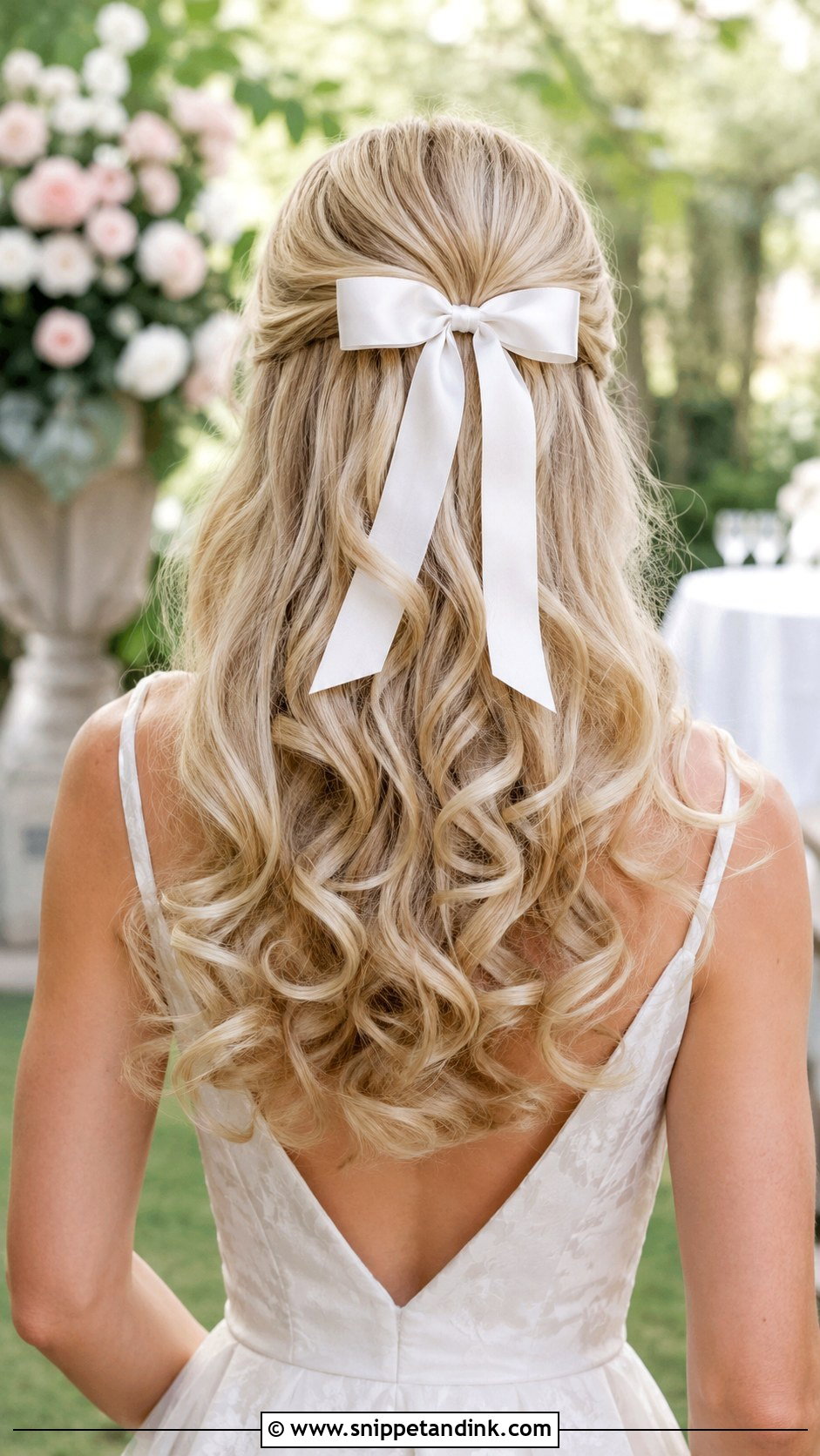 Half Up Bow With Loose Curls - Snippet and Ink - 20 Wedding Hair with Bow Ideas