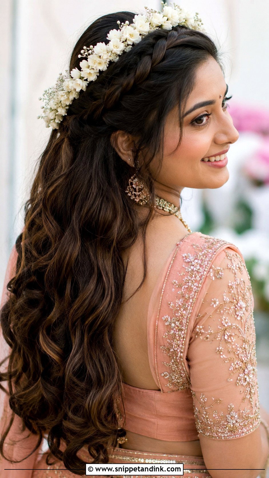 Half Up Braid With Floral Crown - Snippet and Ink - 25 South Indian Wedding Braids Hairstyles