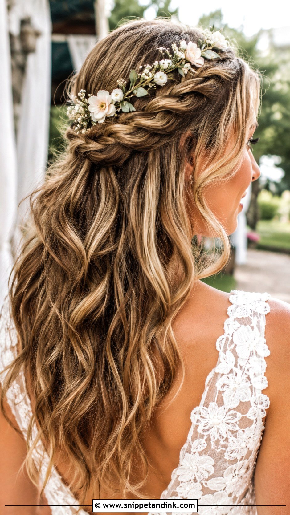 Half Up Braid With Floral Headband - Snippet and Ink - 20 Hairband Wedding Hairstyle Ideas