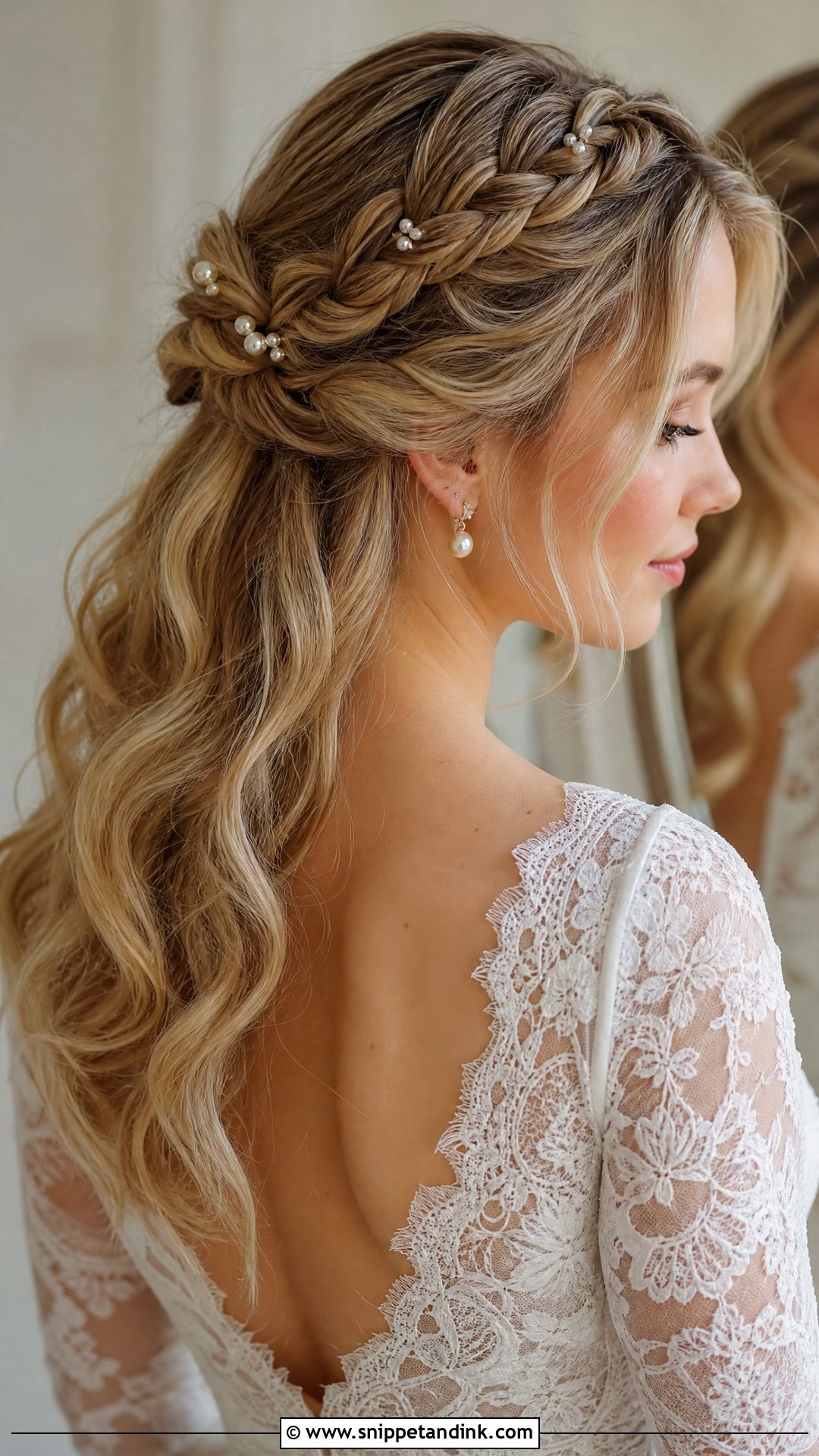 Half Up Braid With Pearl Details - Snippet and Ink - 20 Pearl Wedding Hairstyles