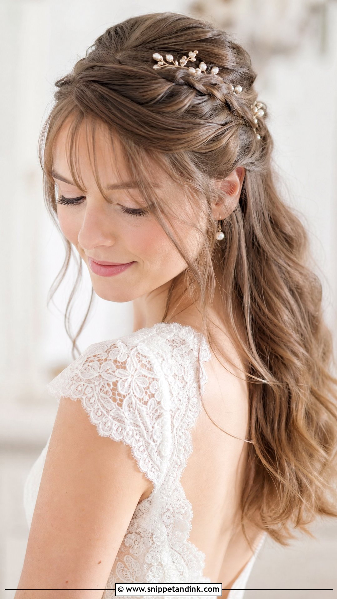 Half Up Braid With Soft Bangs - Snippet and Ink - 20 Wedding Hairstyles for Big Foreheads