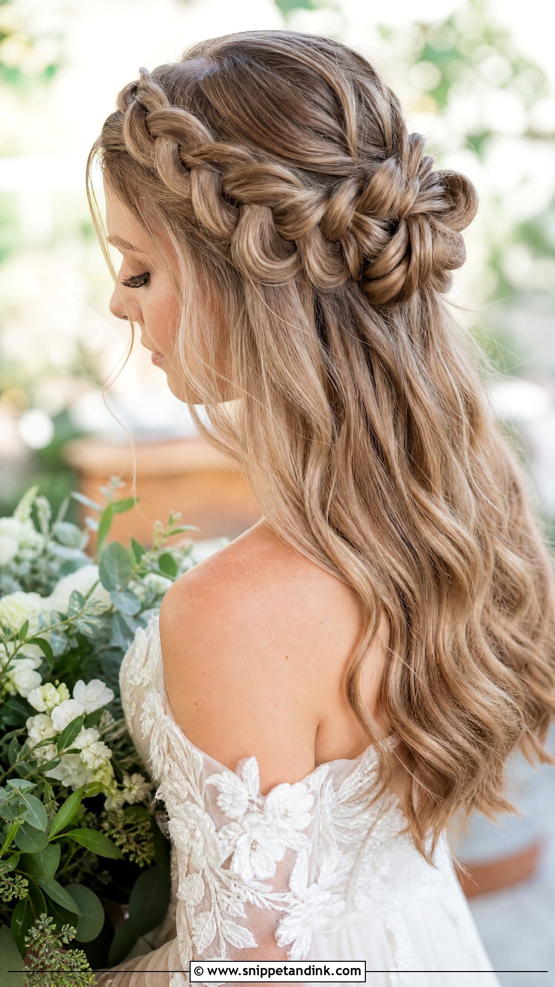 Half Up Braided Bun With Waves - Snippet and Ink - 20 Wedding Hairstyles for Layered Hair