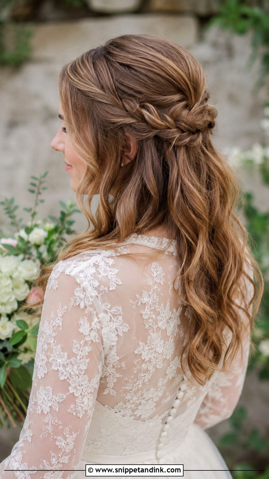 Half Up Braided Crown Wedding Hairstyle - Snippet and Ink - 25 Elegant Half-Up Half-Down Wedding Hair Ideas