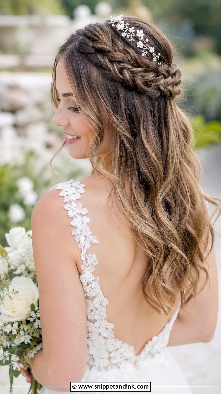 Half Up Braided Crown Wedding Hairstyle - Snippet and Ink - 30 Wedding Hairstyles 2025