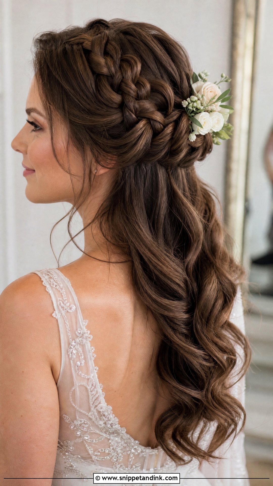 Half Up Braided Crown Wedding Hairstyle - Snippet and Ink - 20 Clip in Hair Extensions Styles Half-Up Down Wedding Hairstyles