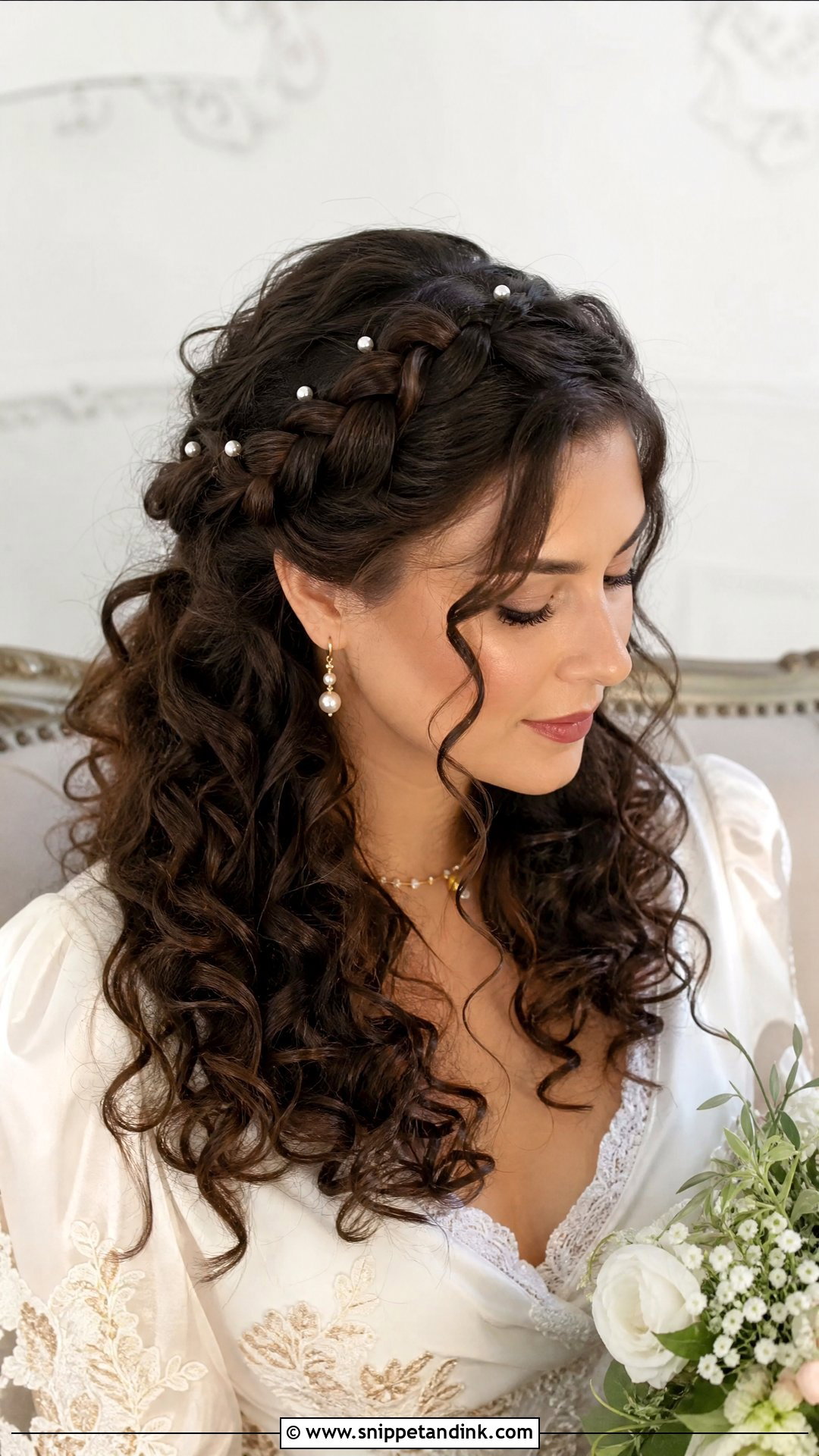 Half Up Braided Crown With Curls Wedding Hairstyle - Snippet and Ink - 20 Half-Up Braided Wedding Hairstyles