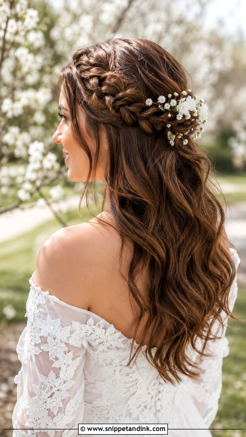 Half Up Braided Crown With Long Waves - Snippet and Ink - 25 Long Half-Up Half-Down Wedding Hair Ideas