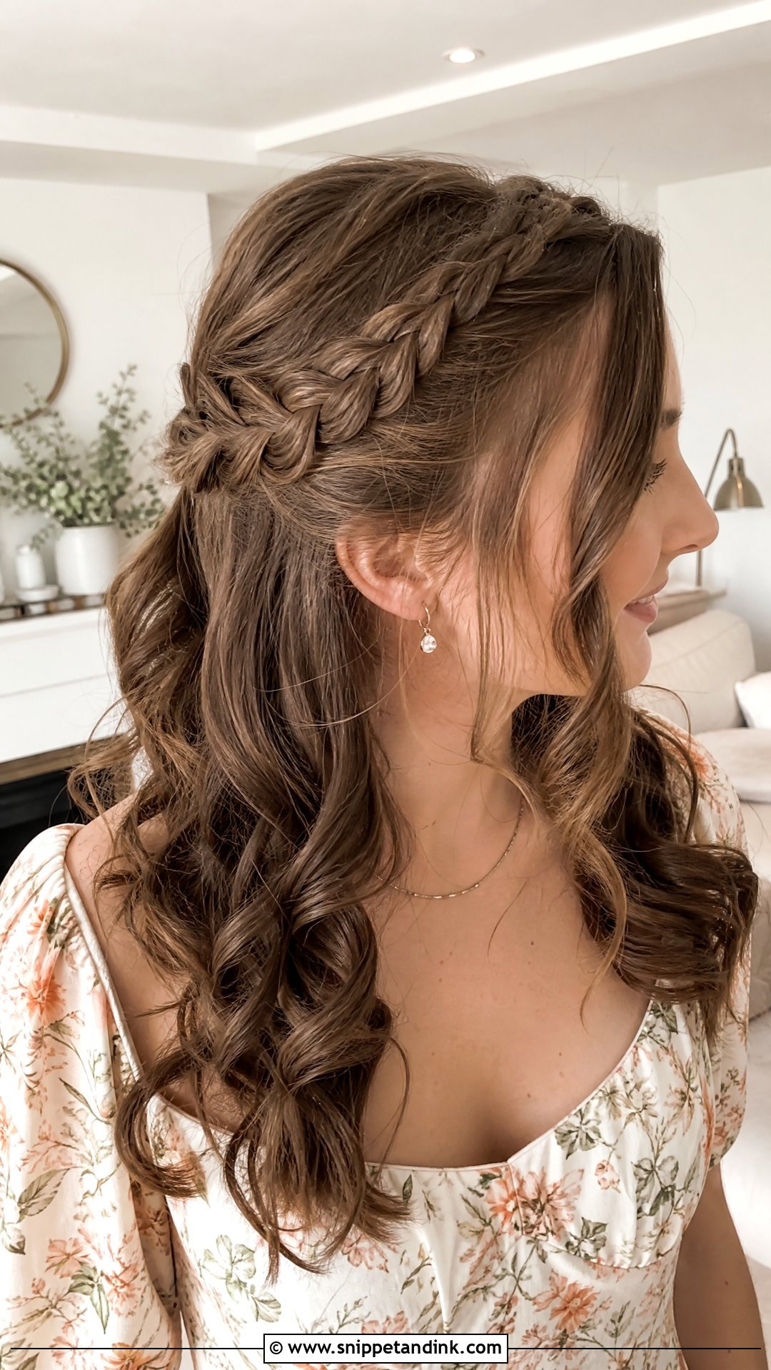 Half Up Braided Crown With Loose Curls - Snippet and Ink - 20 Romantic Half-Up Half-Down Ideas