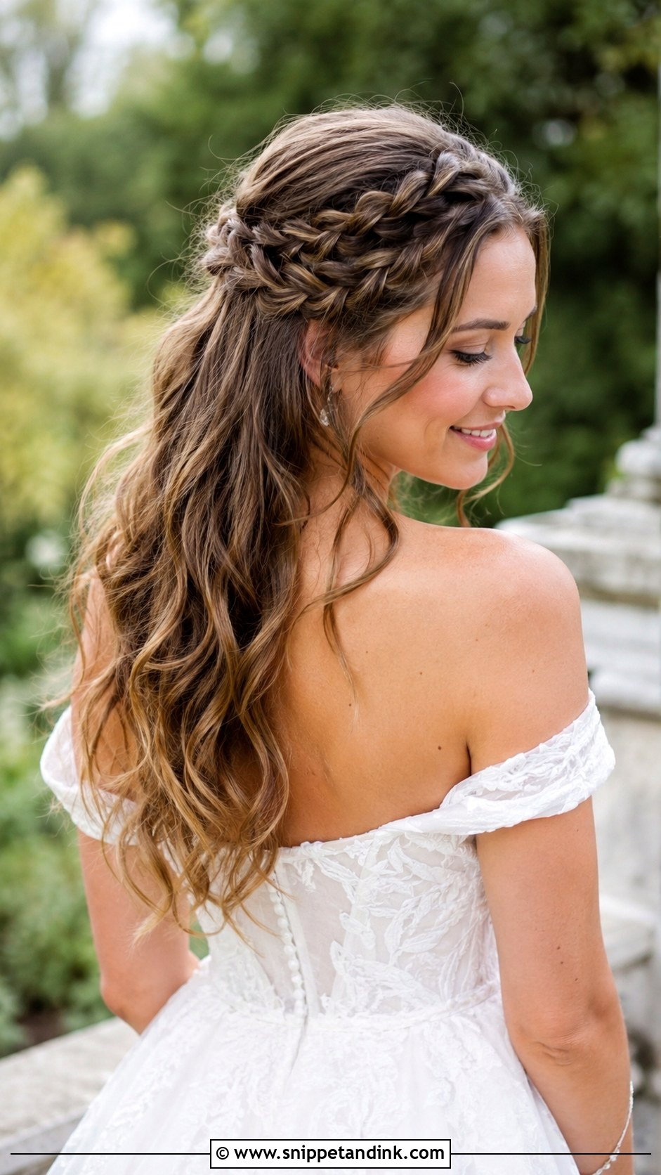 Half Up Braided Crown With Soft Waves - Snippet and Ink - 20 Medium Length Wedding Half-Up Half-Down Ideas