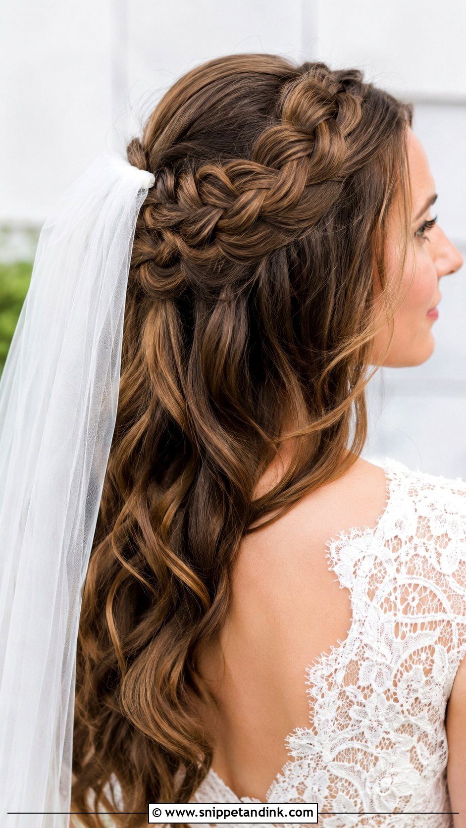 Half Up Braided Crown With Veil - Snippet and Ink - 25 Hair Down with Veil Ideas