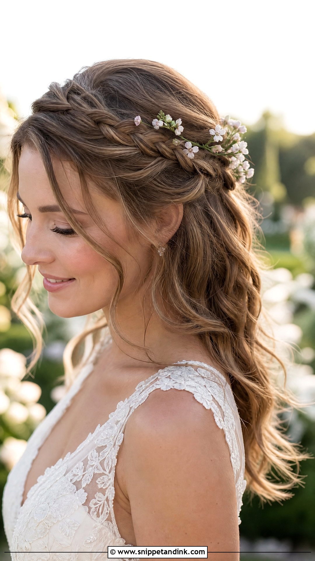 Half Up Braided Crown for Medium Hair - Snippet and Ink - 20 Medium Length Bridal Hair Down Ideas