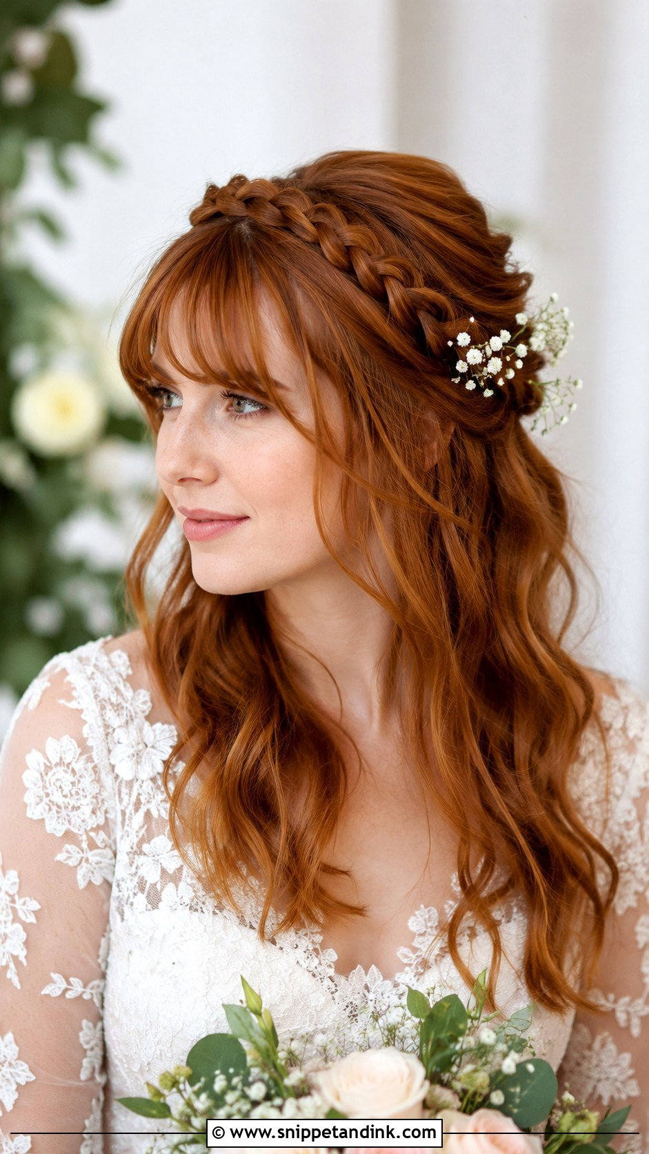 Half Up Braided Crown with Bangs - Snippet and Ink - 20 Half-Up Half-Down Wedding Hair with Bangs