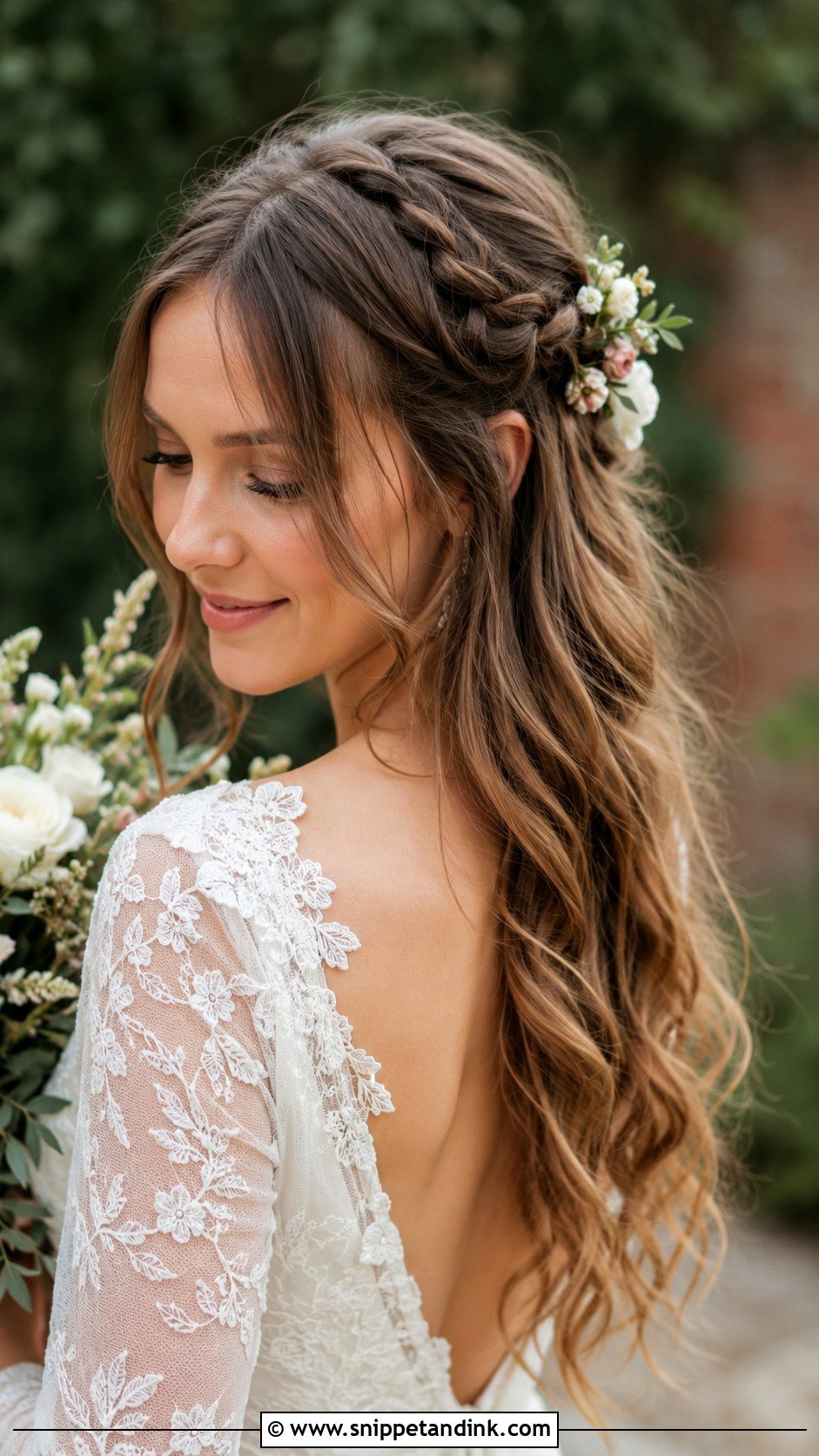 Half Up Braided Style With Curtain Bangs - Snippet and Ink - 20 Hairstyles with Bangs for Wedding