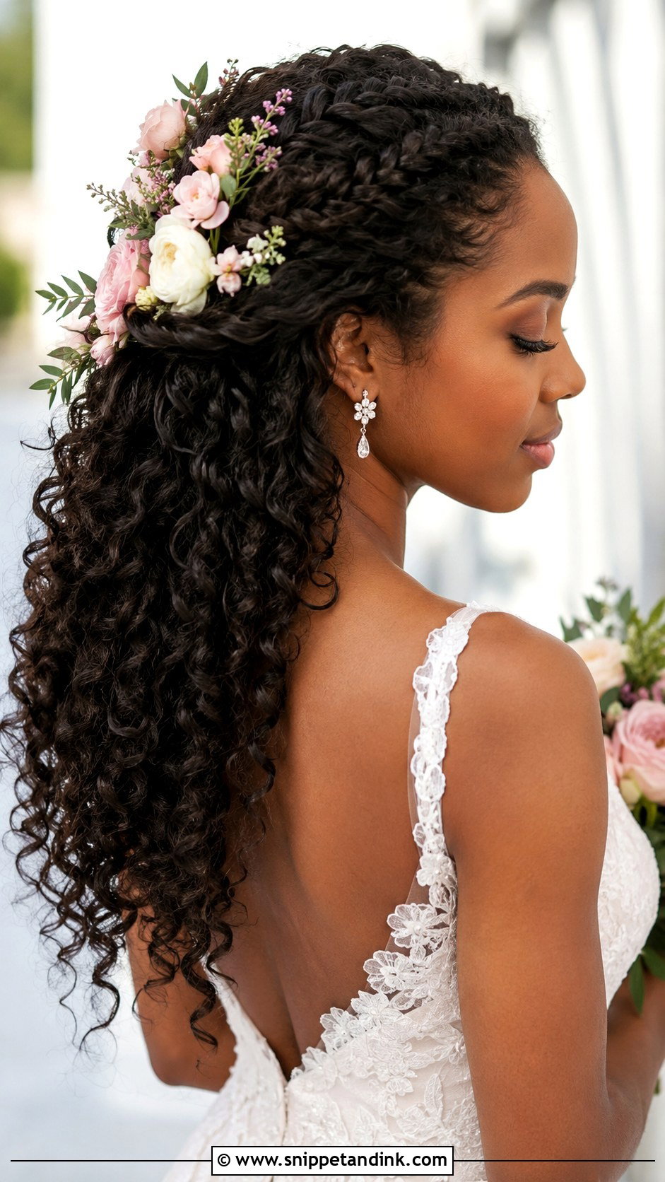 Half Up Braided Style with Flowers - Snippet and Ink - 25 Black Wedding Hairstyles for Bride