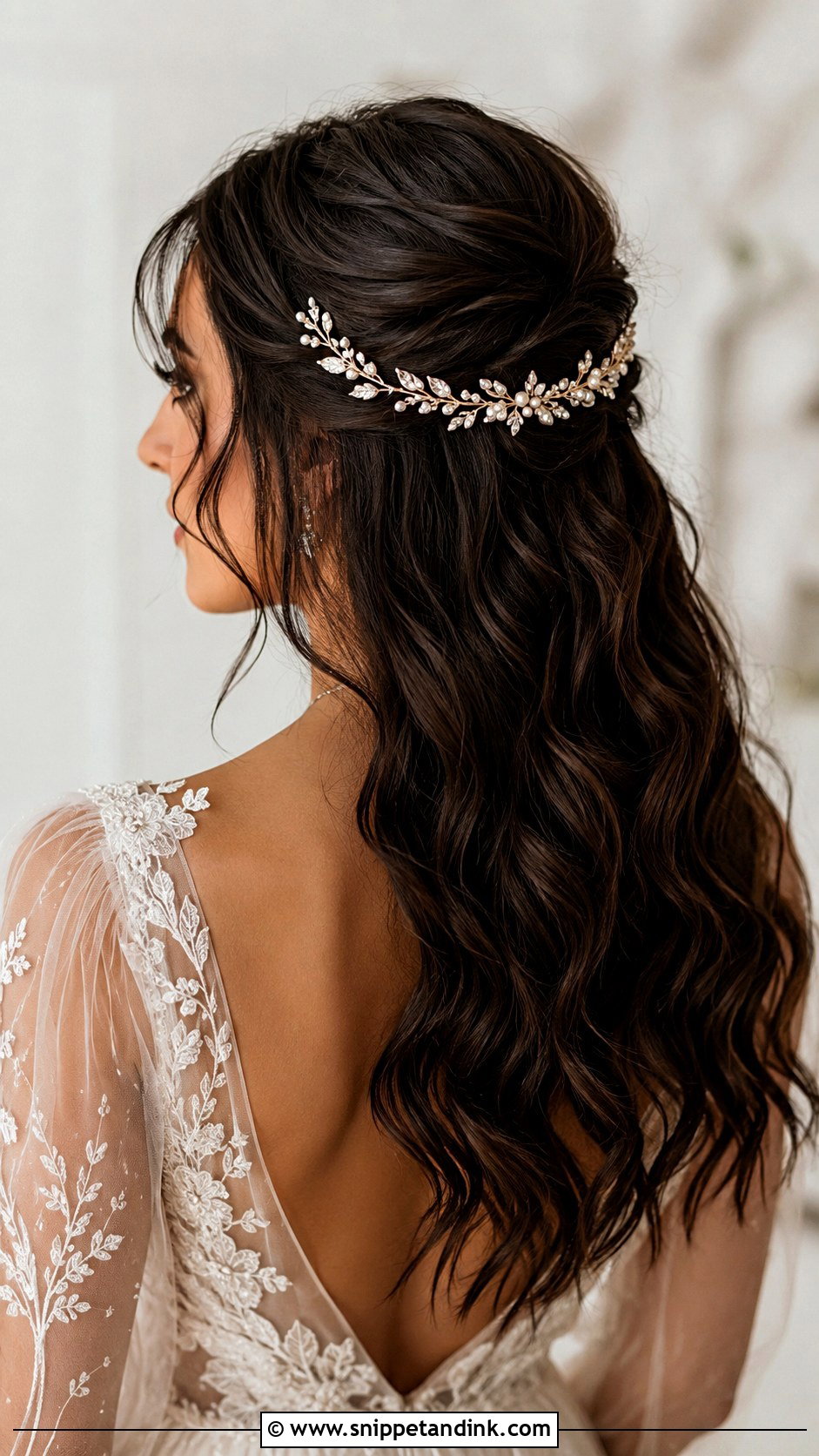Half Up Bridal Hair With A Hair Vine - Snippet and Ink - 15 Simple Half-Up Bridal Hair Ideas
