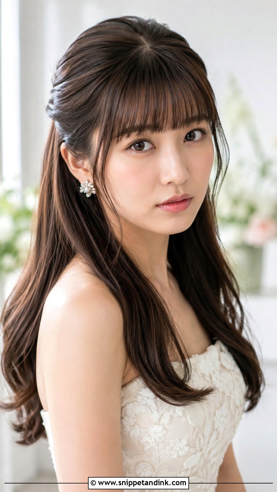 Half Up Bridal Hair With Blunt Bangs - Snippet and Ink - 20 Half-Up Bridal Hair with Bangs