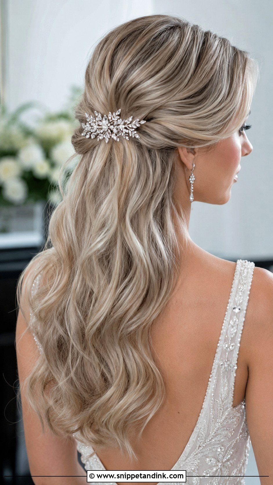 Half Up Bridal Hair With Crystal Comb - Snippet and Ink - 15 Half-Up Bridal Hair Inspo Ideas