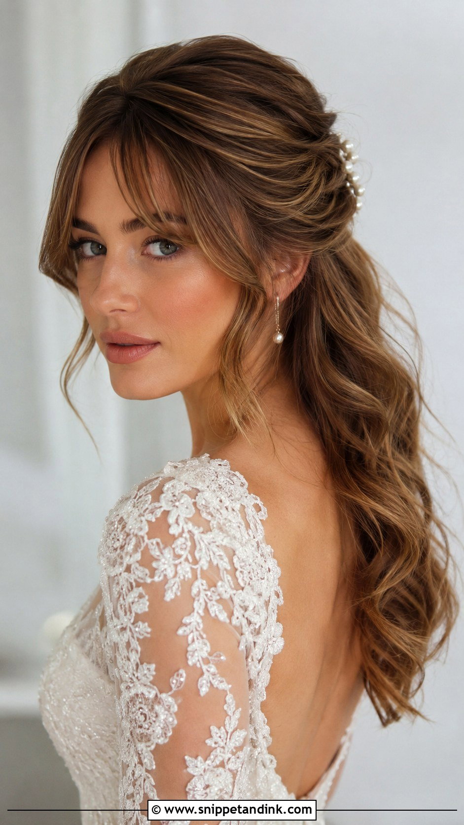 Half Up Bridal Hair With Curtain Bangs - Snippet and Ink - 20 Half-Up Bridal Hair with Bangs